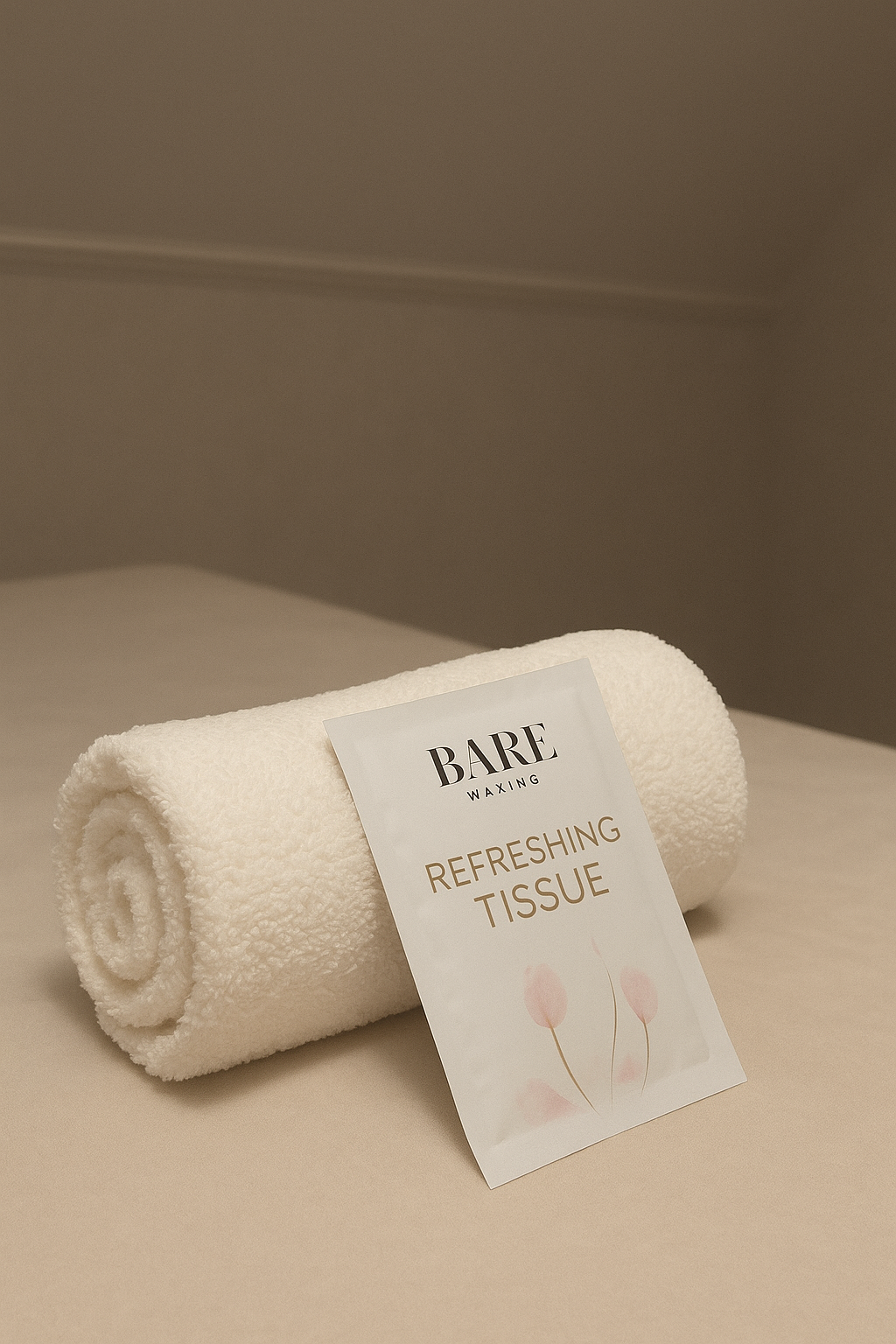 Opgerolde handdoek met een BARE waxing Refreshing Tissue op de behandeltafel